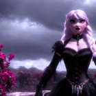 Pale-skinned person in gothic attire against purple sky with vibrant flowers