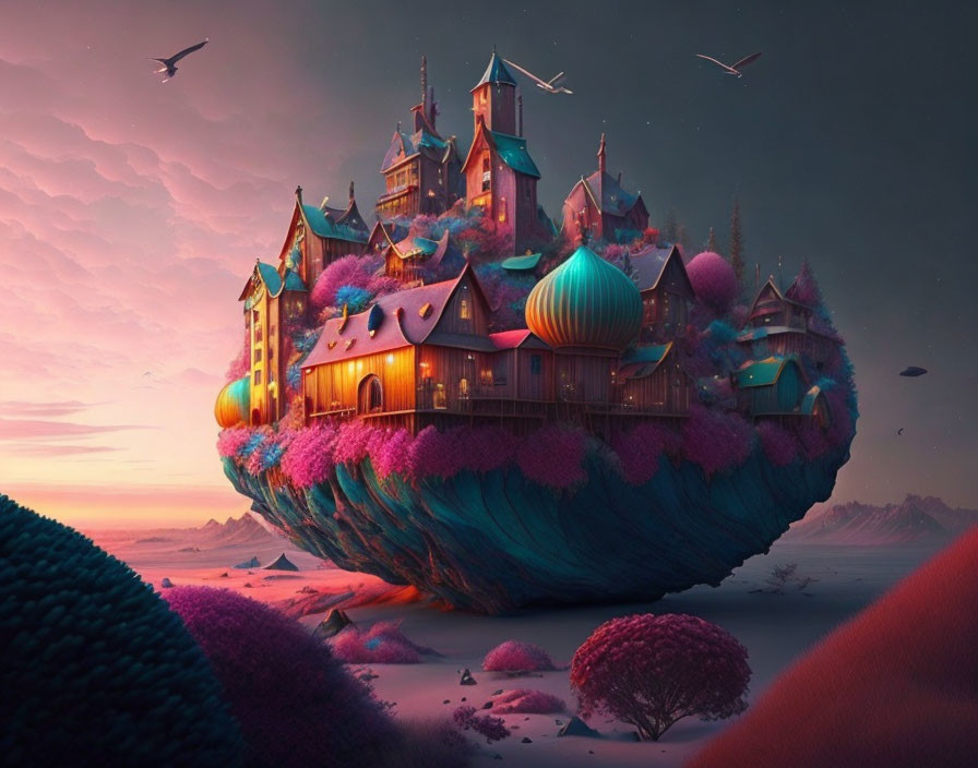 Colorful Floating Island with Whimsical Architecture and Birds in Flight