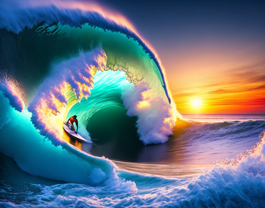 Surfer riding vibrant sunset wave with blue and orange hues