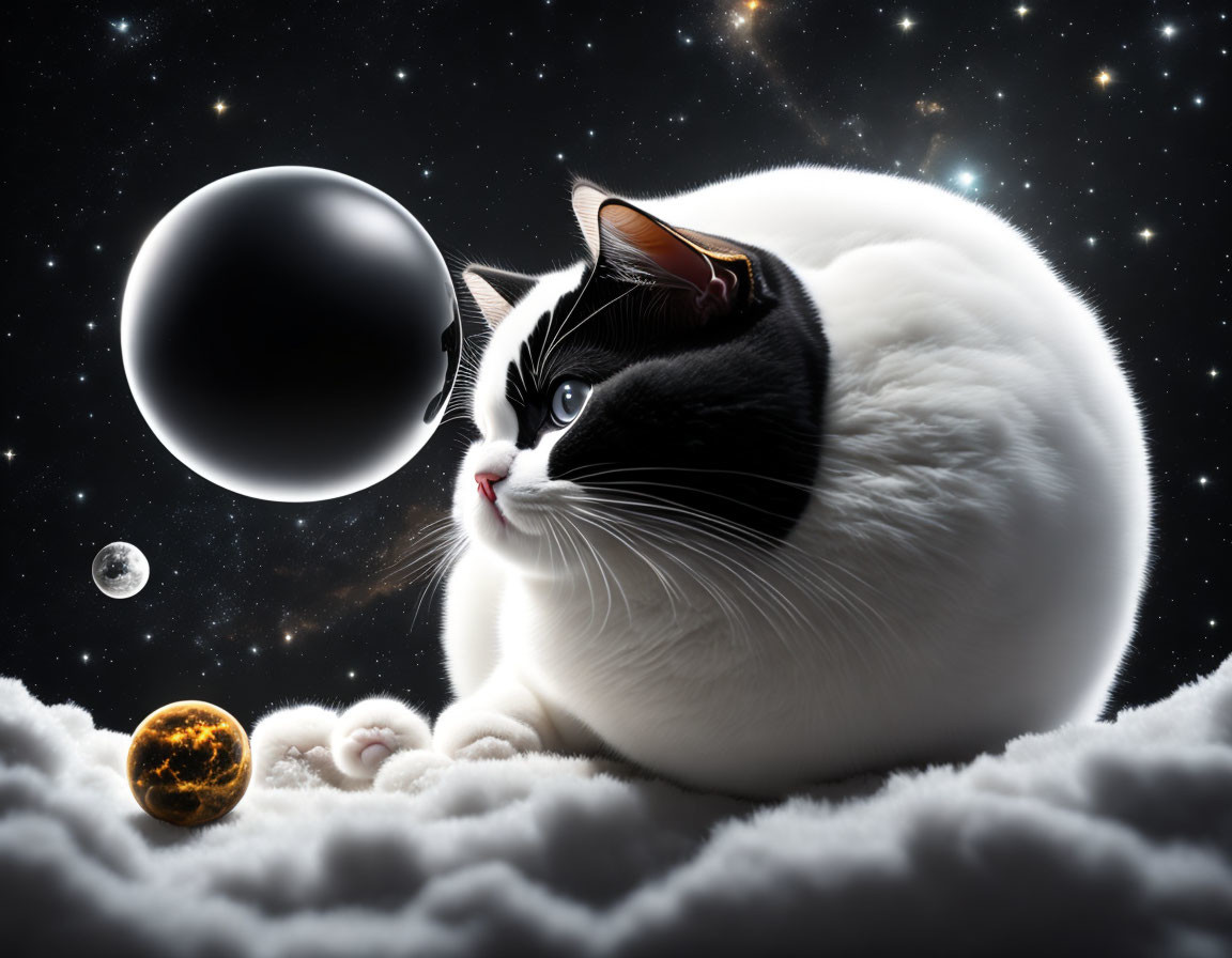 Black and white cat on cloud with dark planet and stars in whimsical cosmic setting