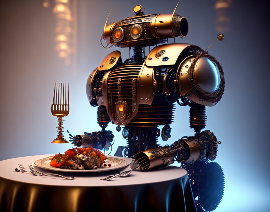 Intricate metallic robot with fork near dinner plate in warm setting