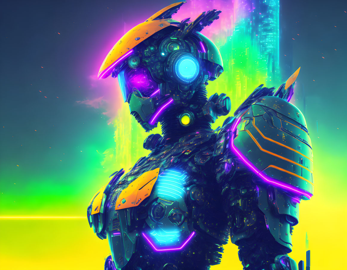 Detailed Armored Robot in Vibrant Colors on Neon Background