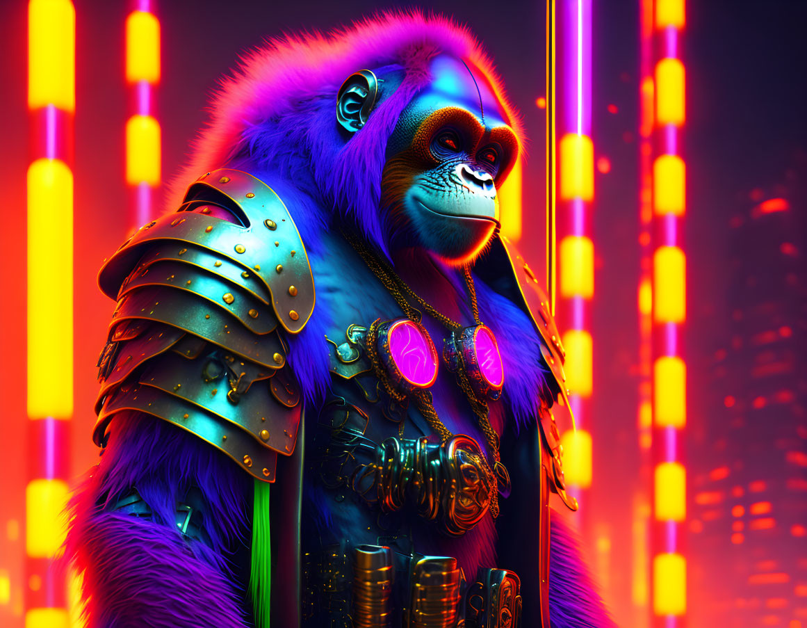 Colorful 3D illustration of gorilla in futuristic armor with neon city lights