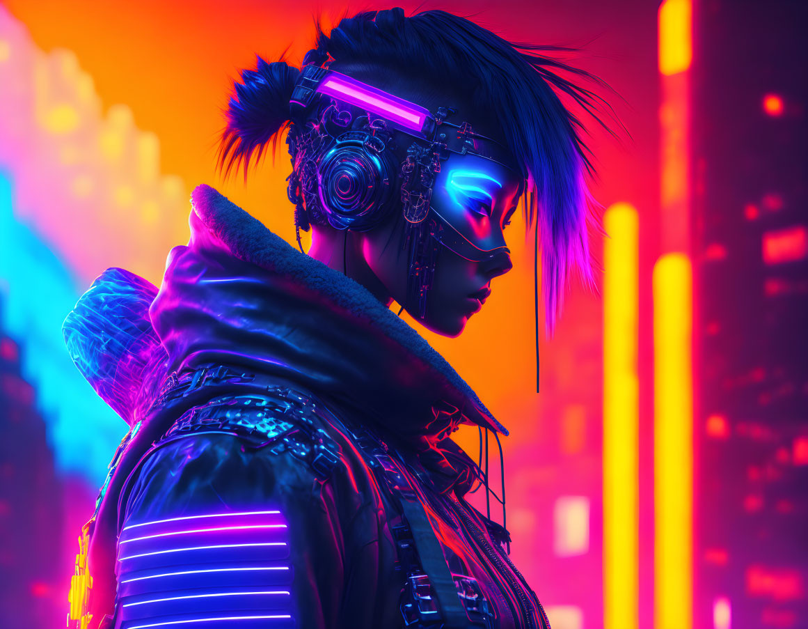 Cyberpunk-themed image: Person in futuristic tech-wear with neon lights