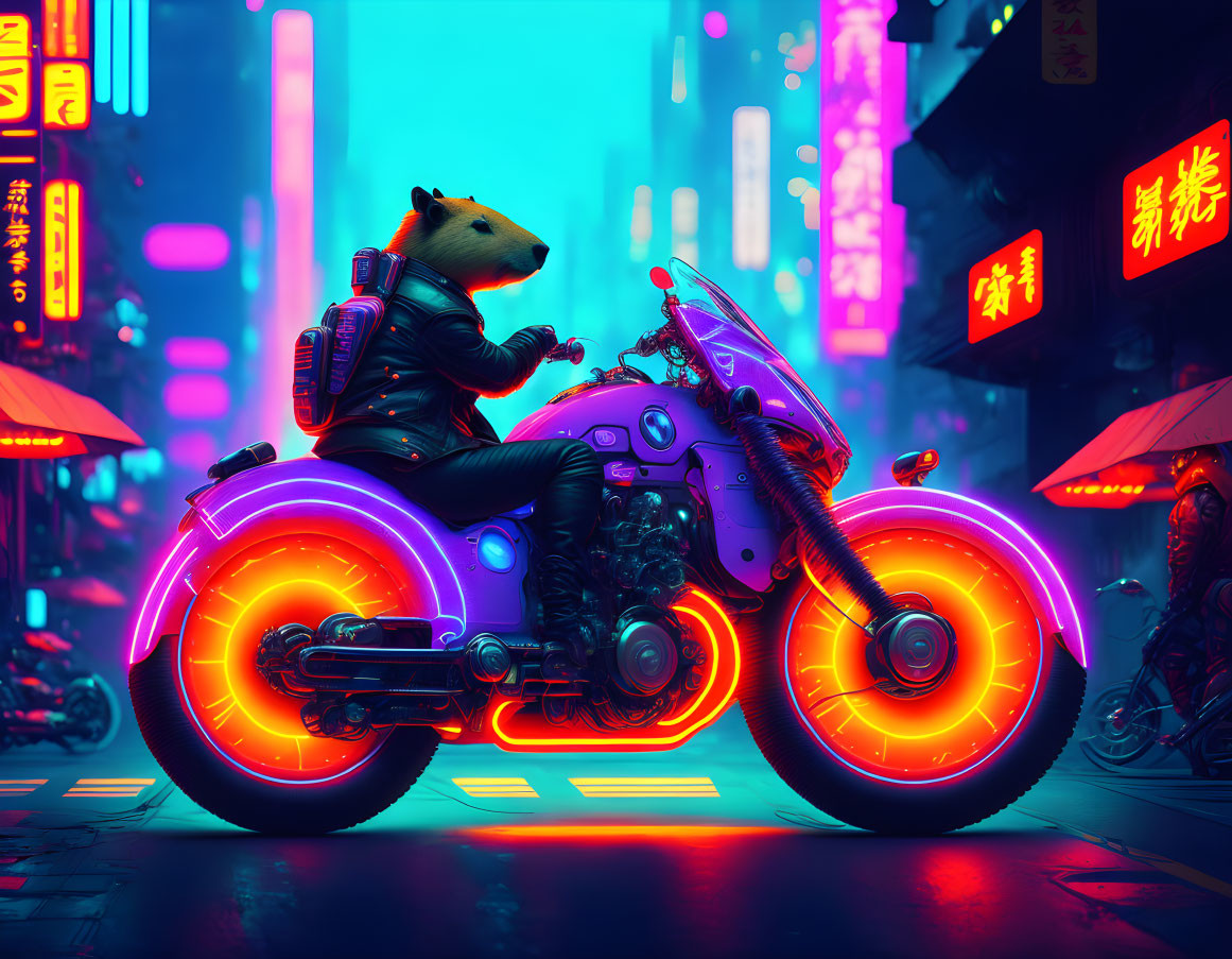 Futuristic anthropomorphic rat on glowing motorcycle in neon cityscape