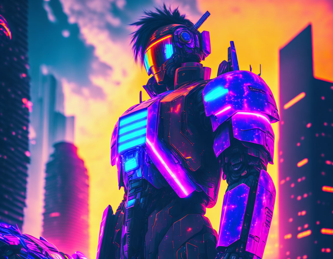 Futuristic cybernetic soldier in glowing armor in neon-lit cityscape