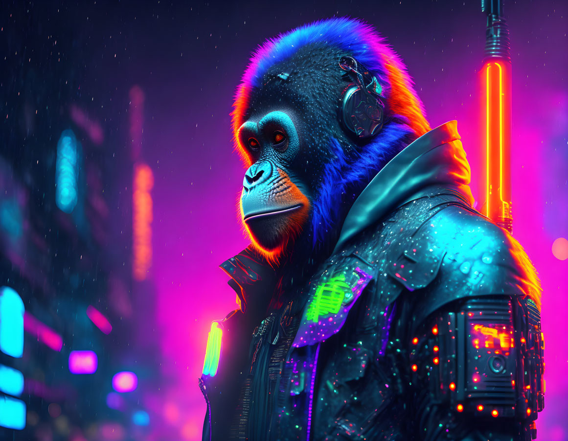 Gorilla in headphones with neon-lit cityscape - Digital Artwork