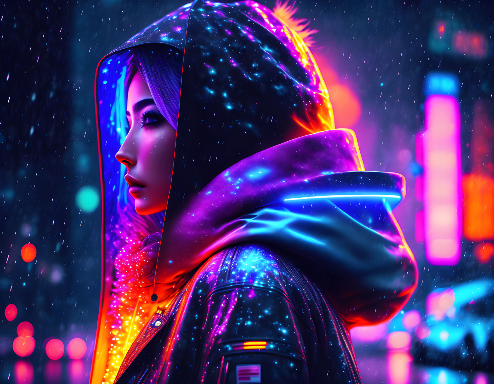 Woman in Colorful Hood in Vibrant Night Cityscape