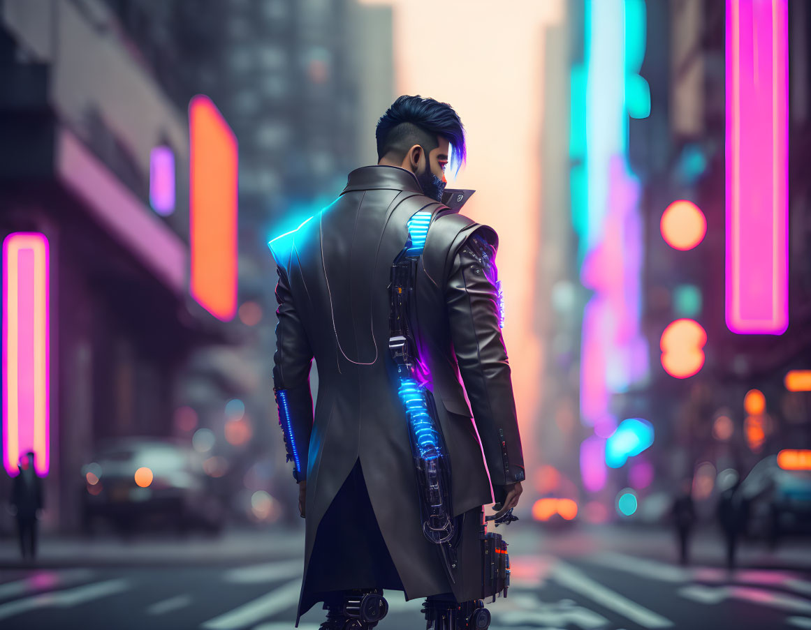 Futuristic figure in glowing outfit in neon-lit cityscape