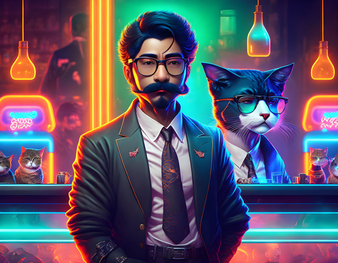 Bearded man and cat in suits against neon bar backdrop