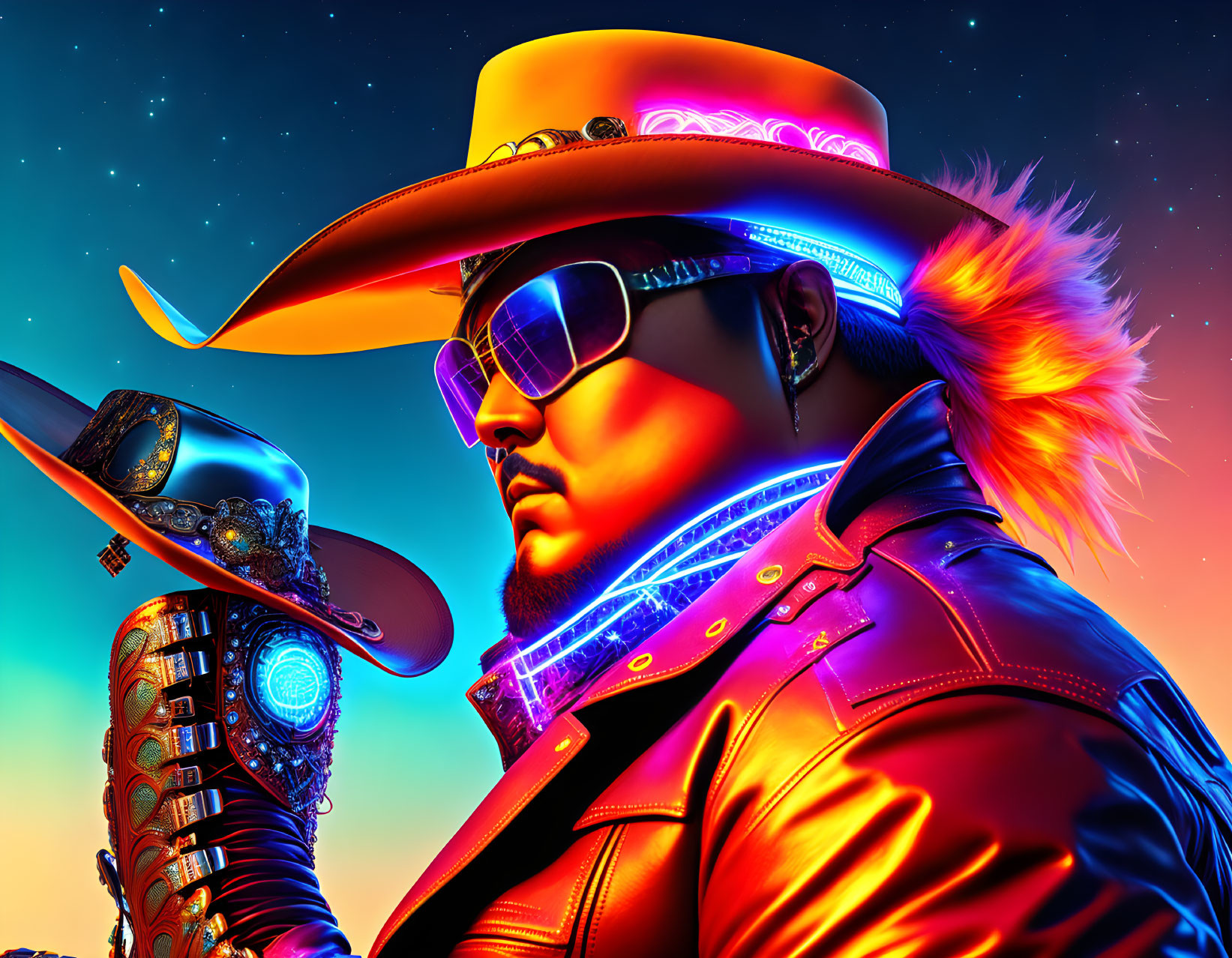 Futuristic cowboy with neon attire and mechanical arm at sunset