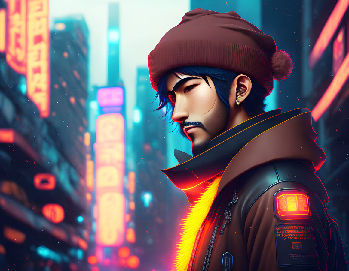 Man with Beard and Beanie in Neon Cityscape with Orange Scarf and Futuristic Jacket