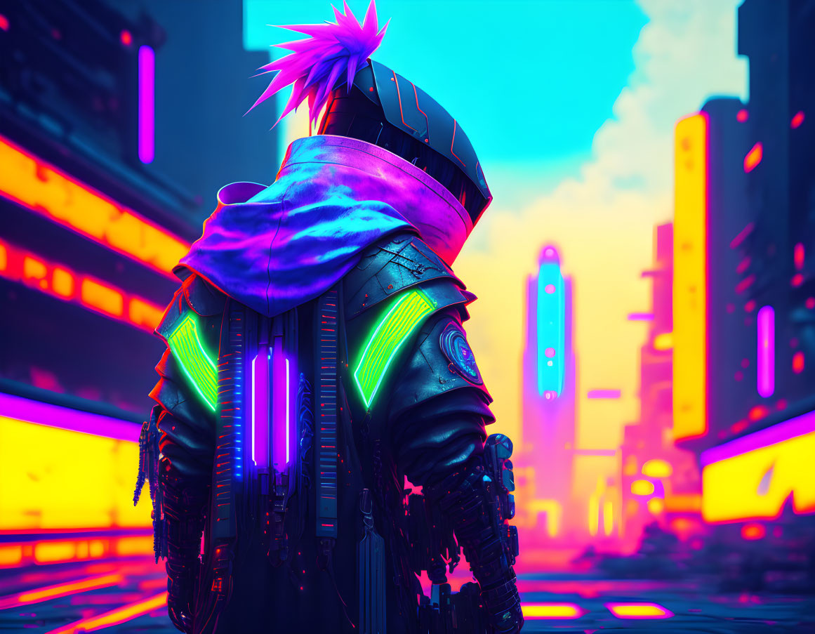 Futuristic cyberpunk person in neon-lit cityscape