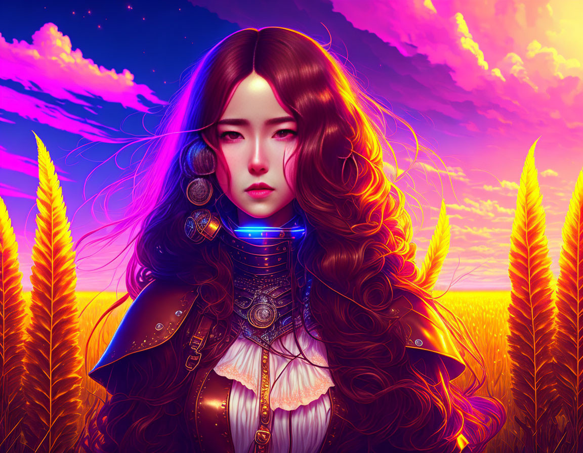 Digital artwork: Woman in futuristic armor in wheat field under purple sky