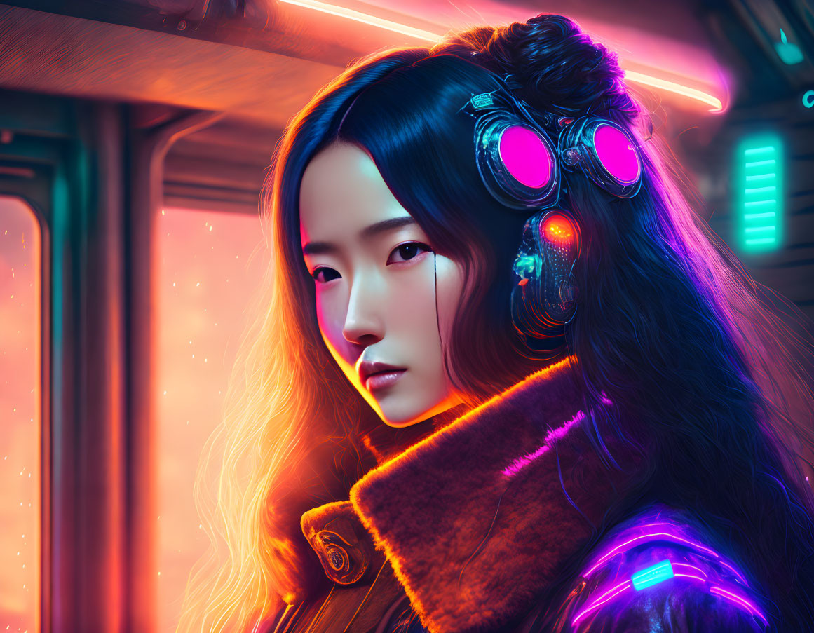 Futuristic headphones on woman under neon lighting