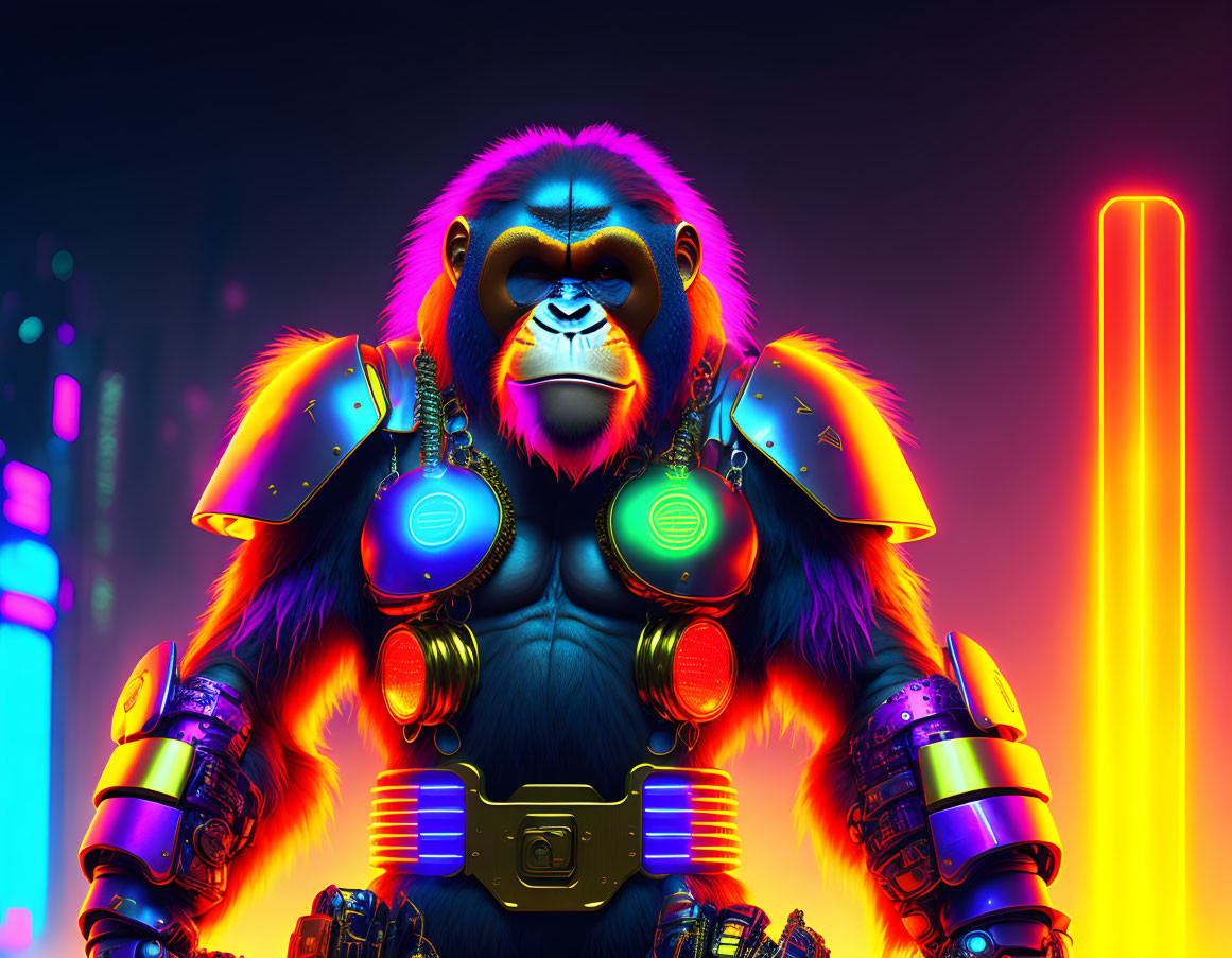 Cybernetic gorilla with neon lights in futuristic cityscape