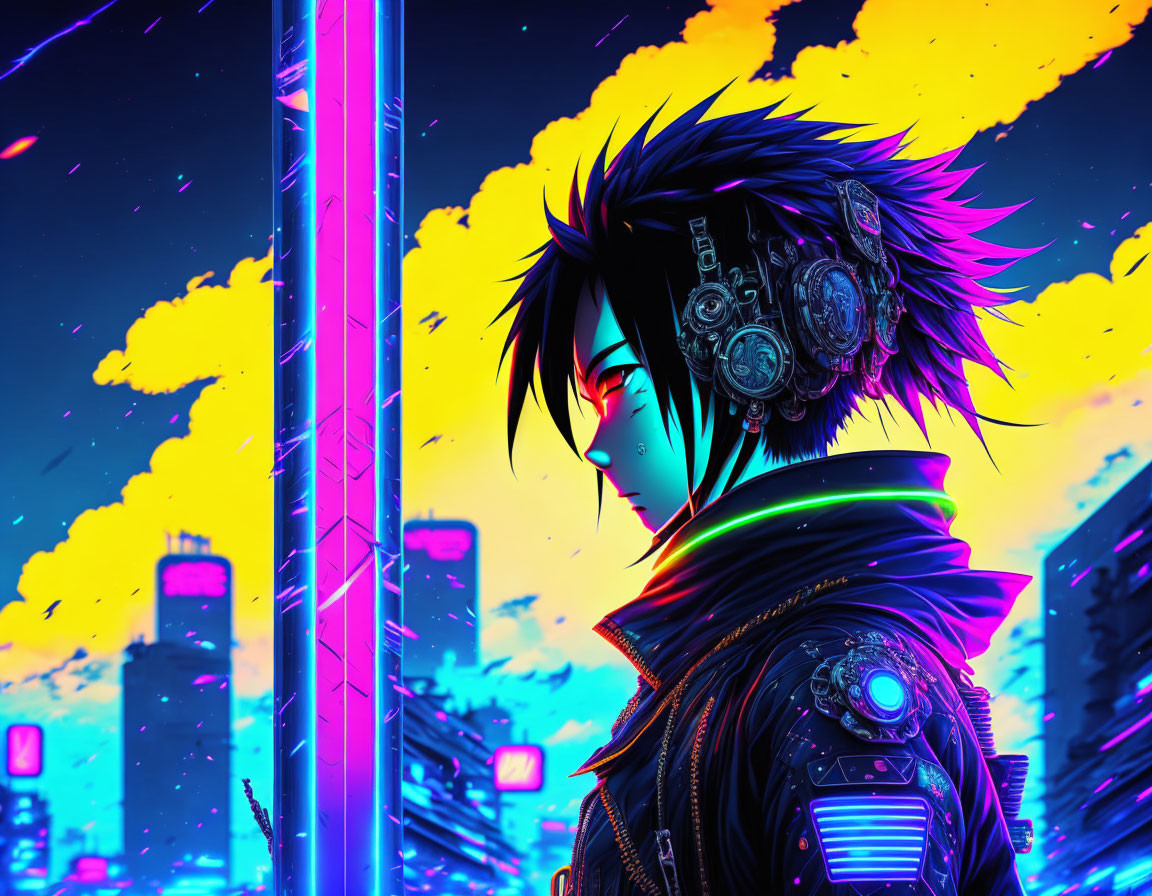 Cyberpunk character with intricate headgear in neon-lit cityscape at twilight