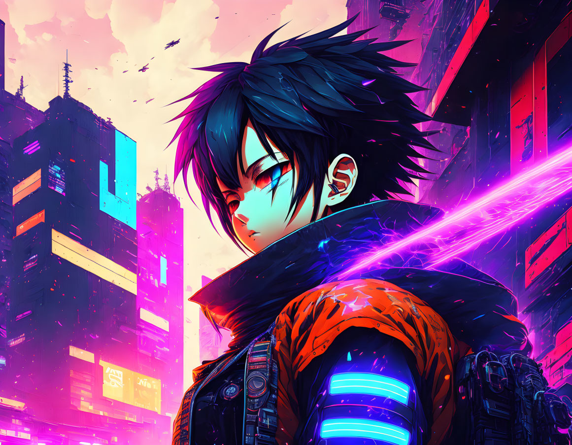 Stylized anime character with black spiky hair in vibrant digital artwork