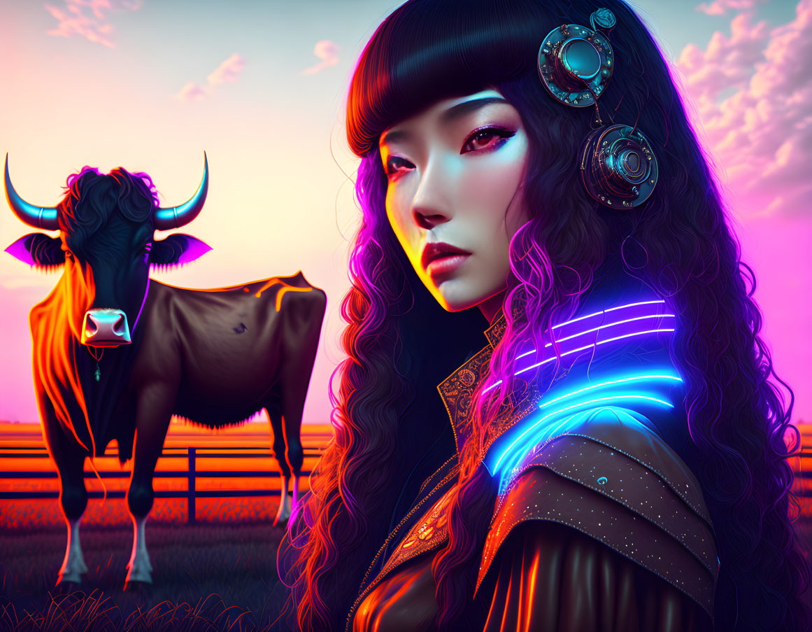 Futuristic cyberpunk woman with neon bull in sunset landscape