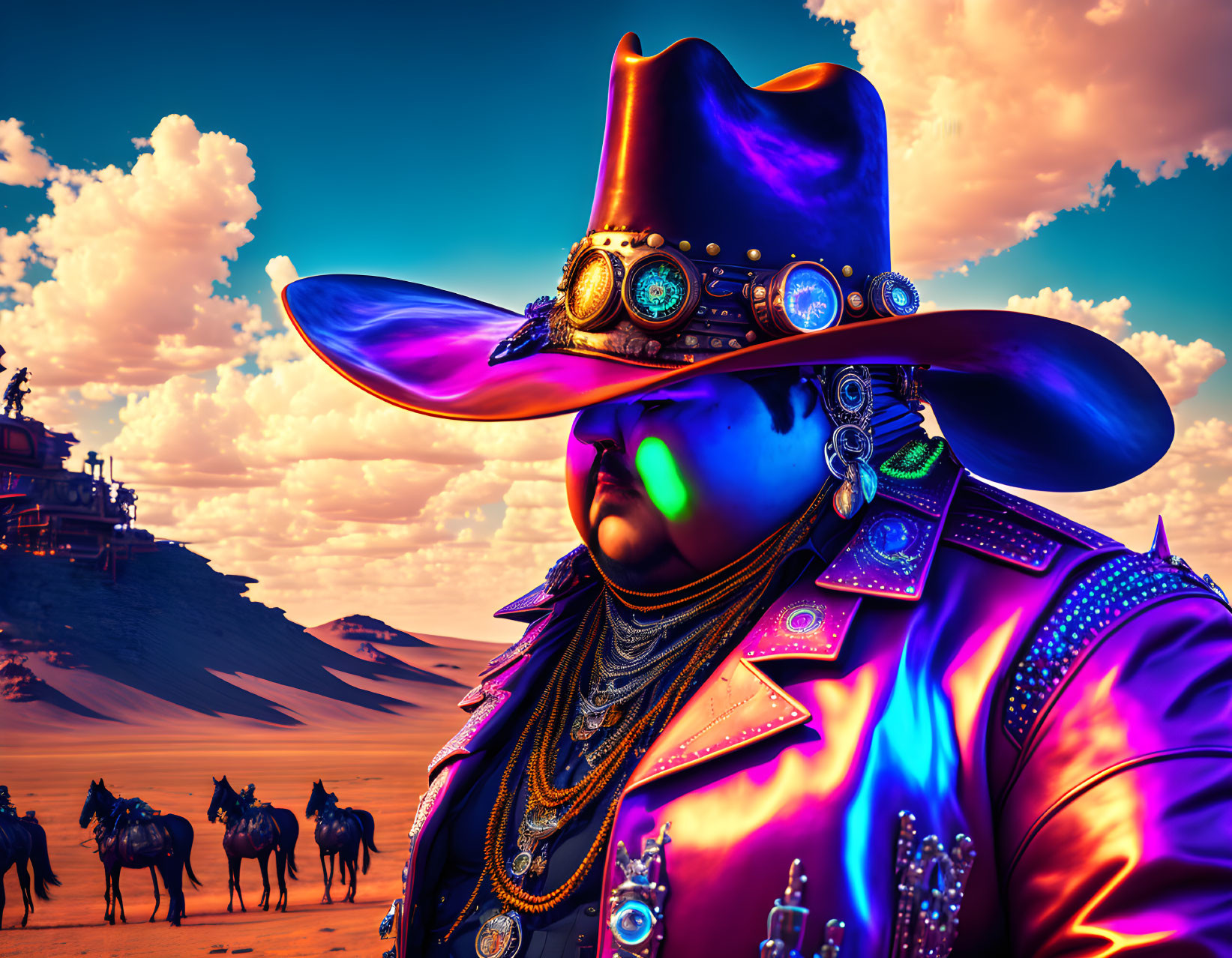 Colorful Stylized Cowboy Artwork in Desert Landscape