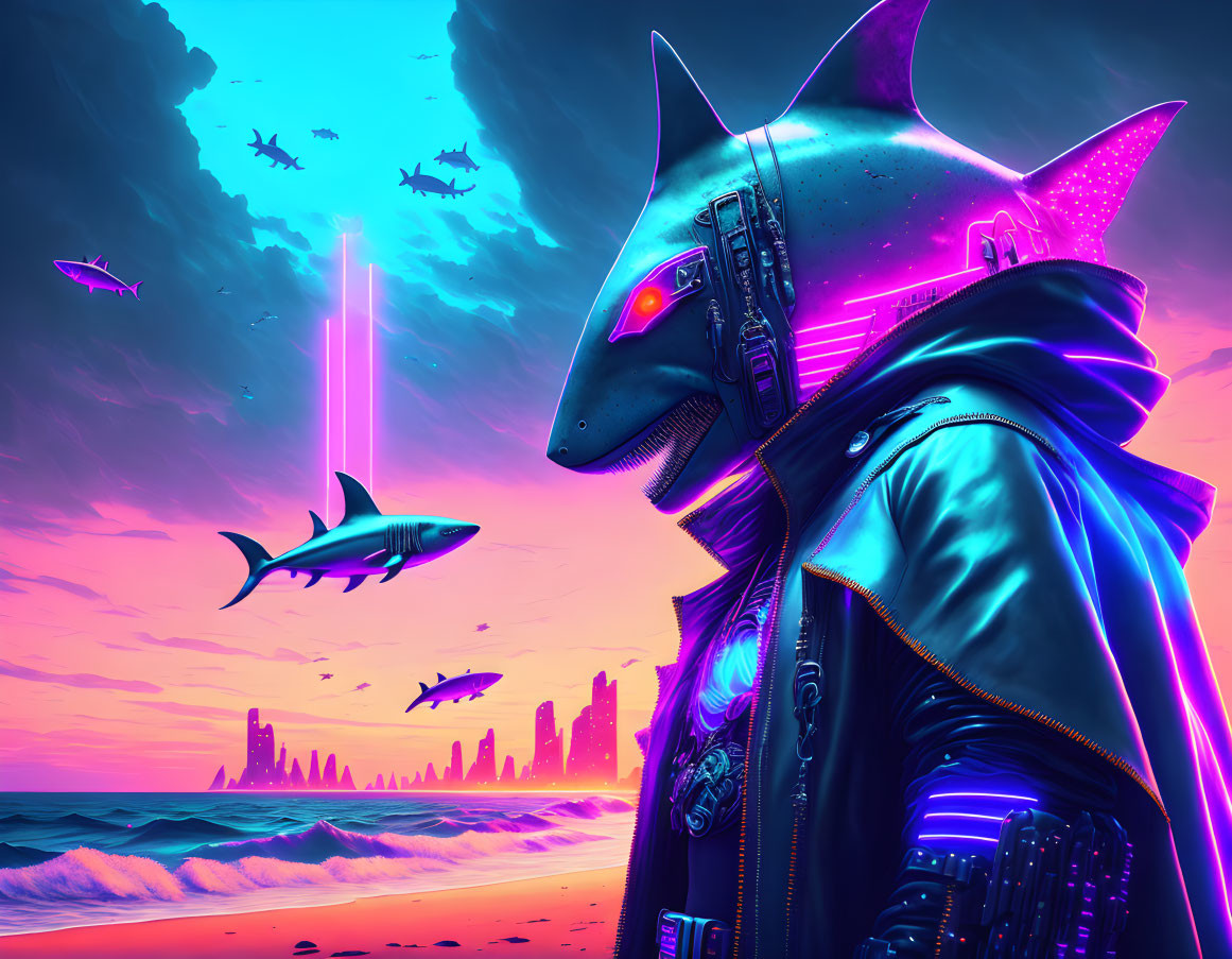 Futuristic shark-headed humanoid on beach at sunset with flying sharks and neon city skyline