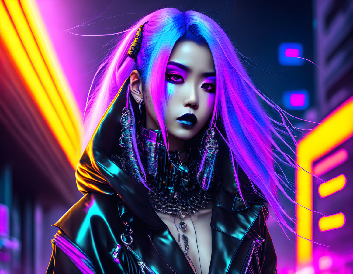 Vibrant blue and purple hair woman in cyberpunk attire amid neon-lit urban scene