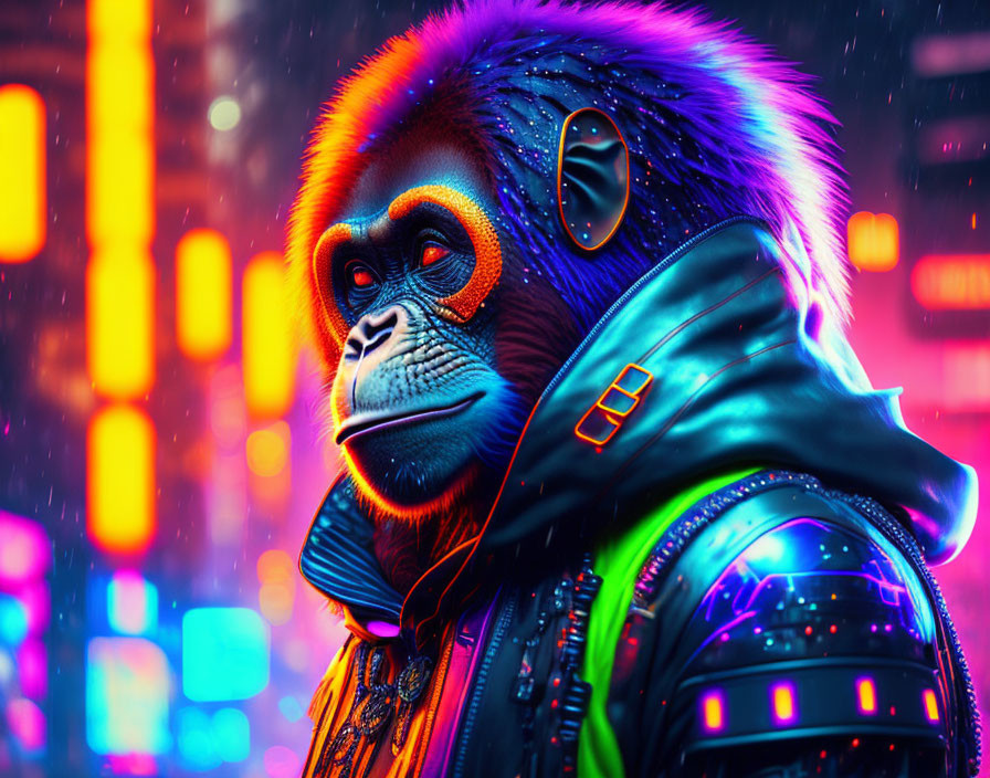 Colorful Cyberpunk Gorilla Portrait with Neon City Lights and Snowflakes