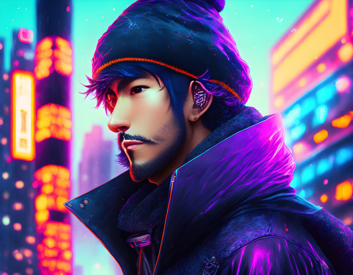 Digital portrait of bearded man in hat and futuristic jacket against neon cityscape