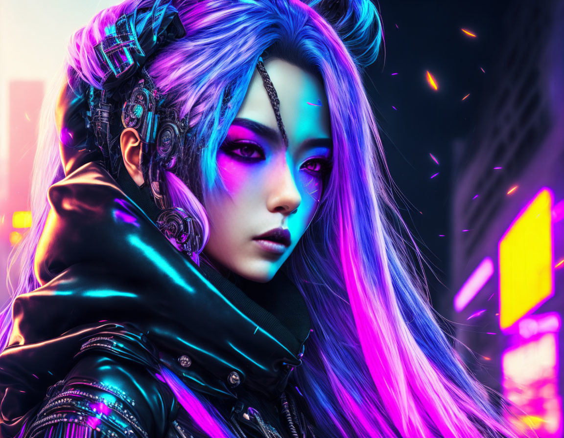 Purple-haired cyberpunk character in black jacket with futuristic headphones, city lights.