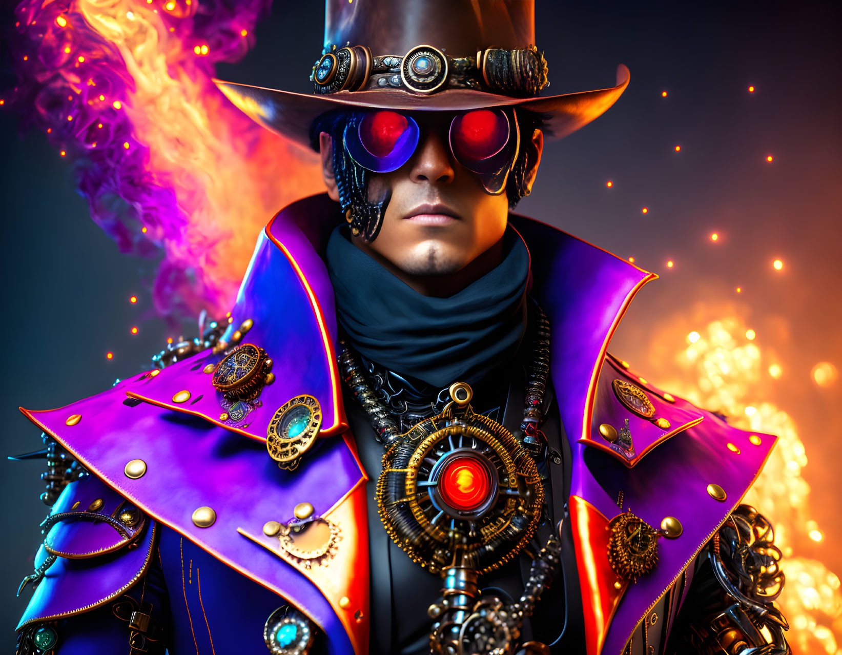 Flamboyant character in purple futuristic attire with gold gears and glowing accents against fiery backdrop