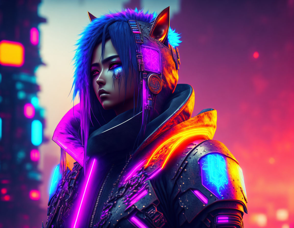 Futuristic female warrior with blue hair and glowing tech-elements in neon city.