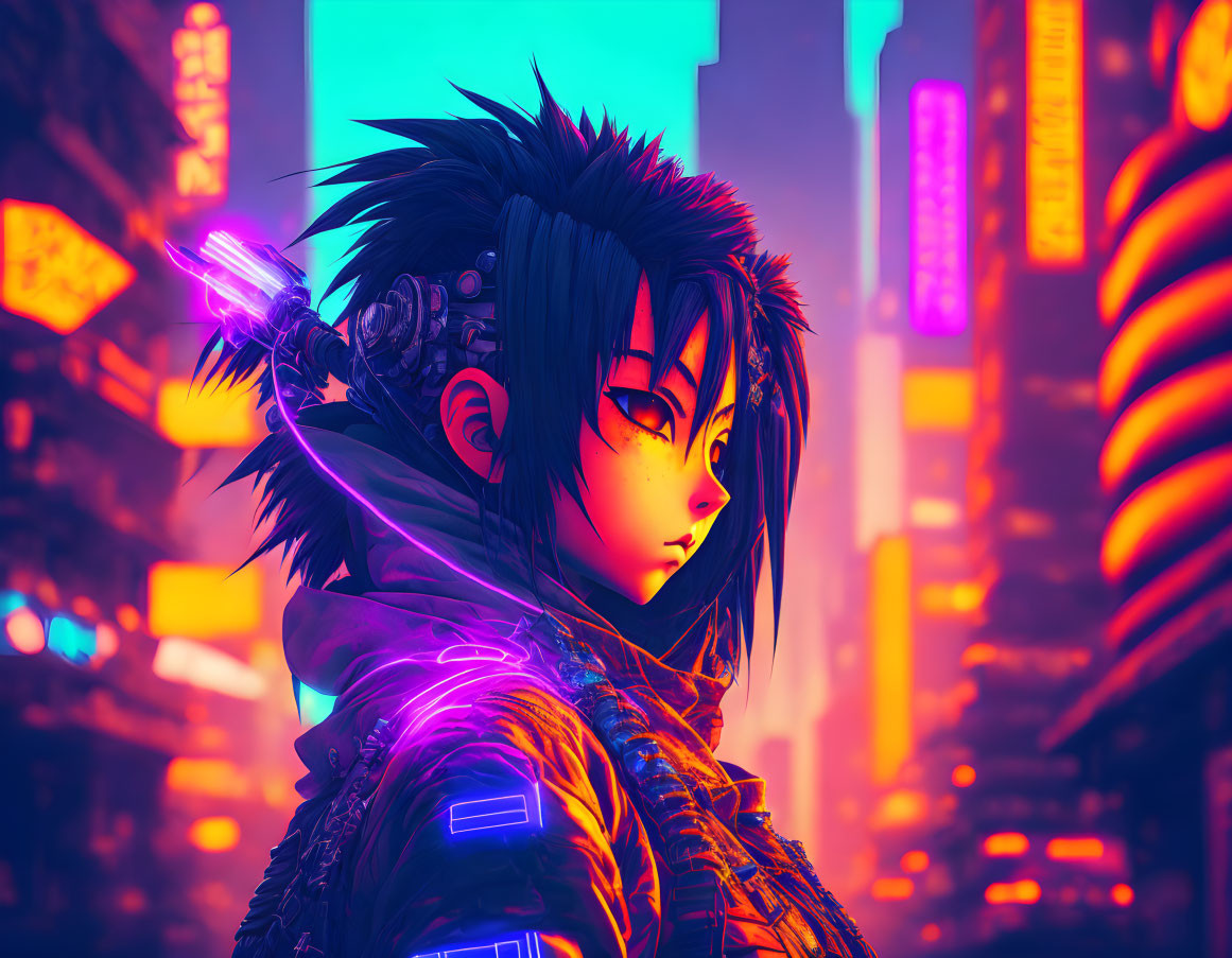 Futuristic cyberpunk character in neon-lit cityscape