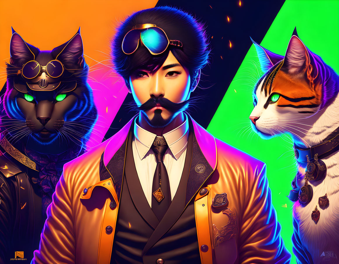 Colorful Illustration of Man in Aviator Outfit with Cats in Human-Like Attire