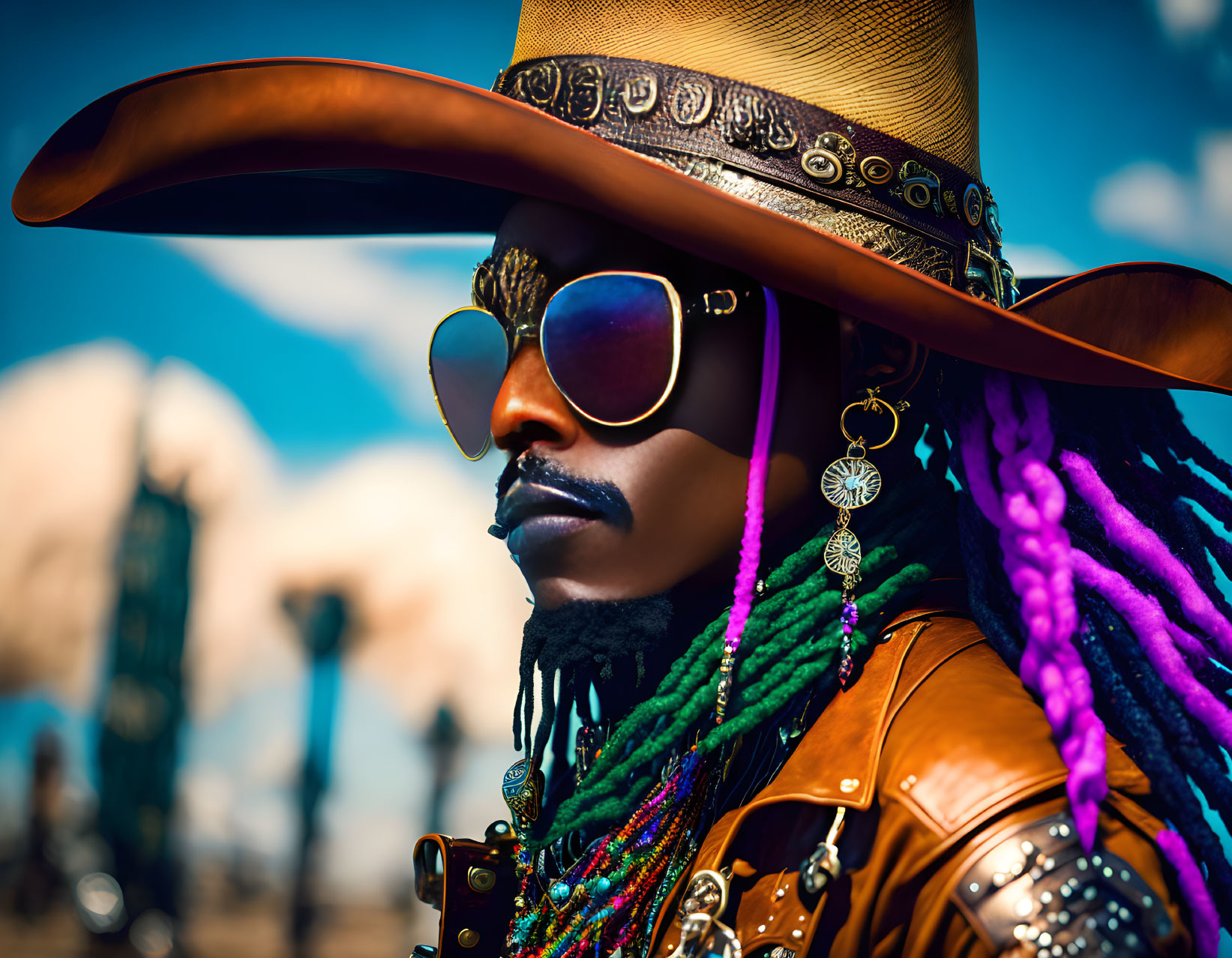 Colorful braids, wide-brimmed hat, sunglasses, and earrings against blue sky