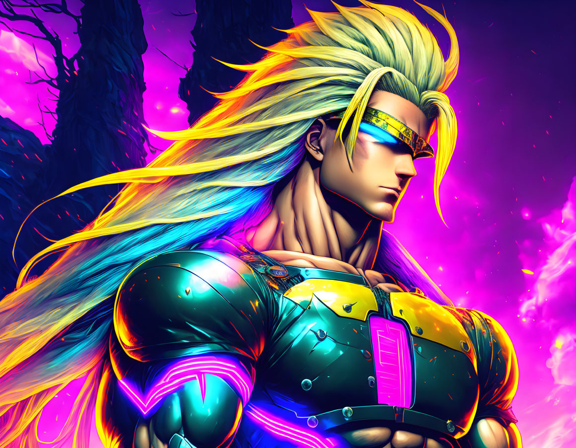 Anime-style male character with blonde hair, blindfold, and futuristic armor in cosmic setting