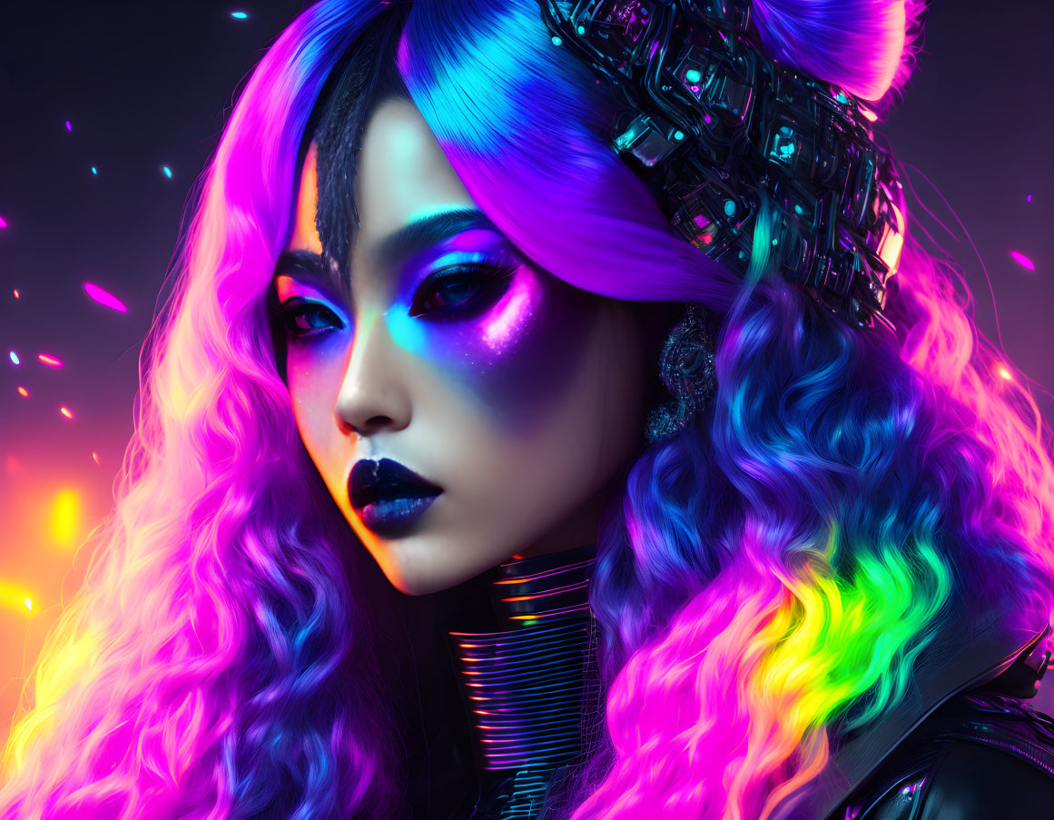 Futuristic female portrait with cyberpunk style blue and purple hair, neon lights, and makeup.