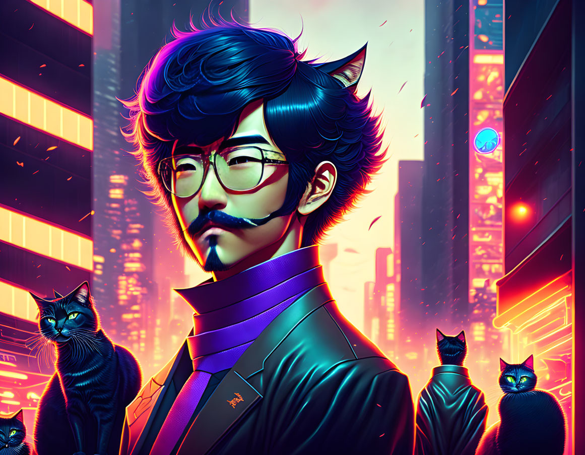 Man with Cat-Like Features in Suit and Glasses with Cats and Cityscape Portrait