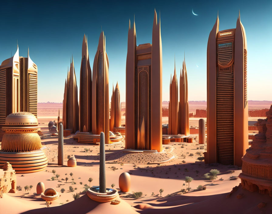 Futuristic desert city skyline under crescent moon