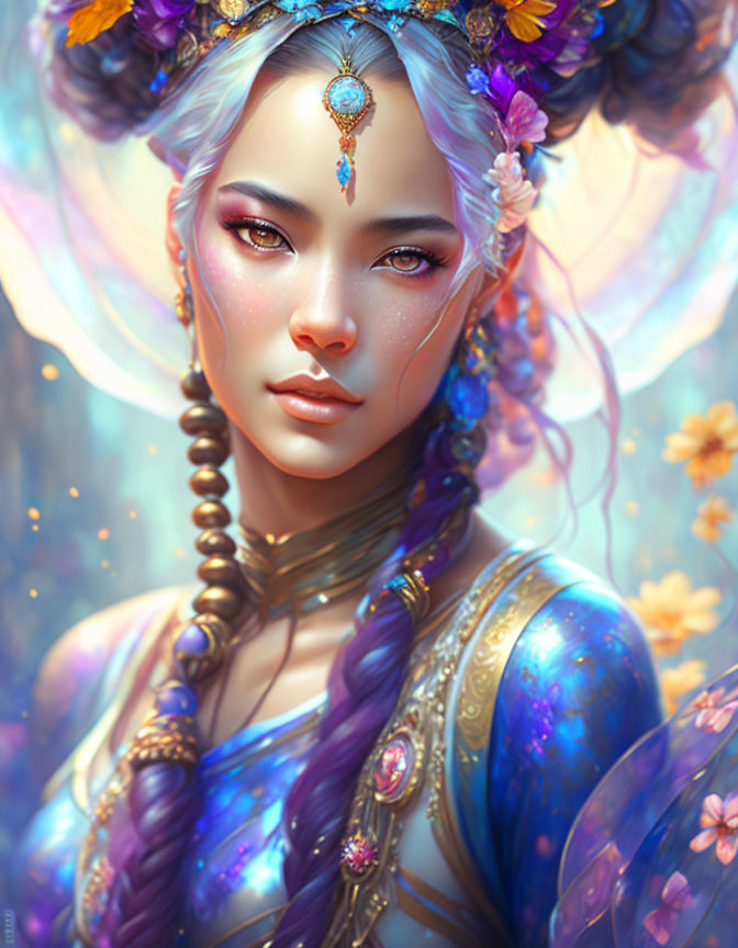 Elaborate blue and violet hair ornaments on woman in digital portrait