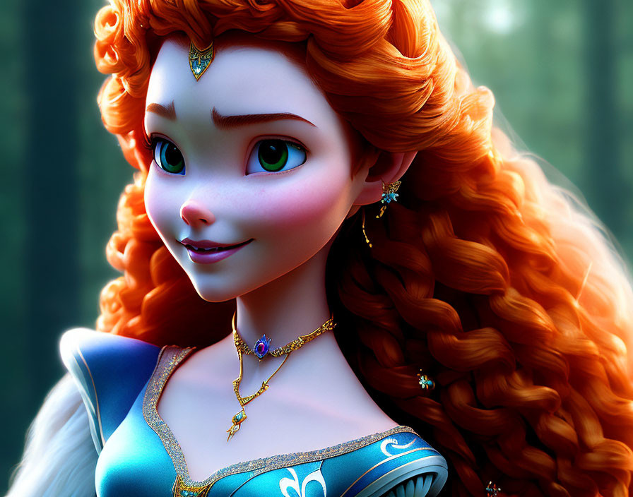 3D animated character with long red hair and blue dress in forest setting