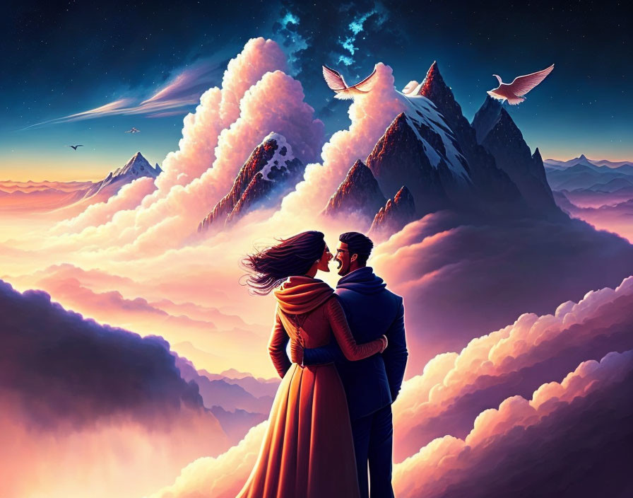 Couple embracing on cloud-covered mountaintop at sunset