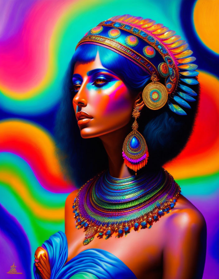 Colorful portrait of woman with blue skin and vibrant headdress on swirling rainbow backdrop