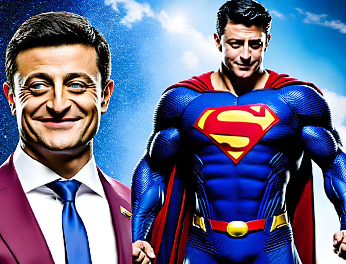 Split image of a man in a suit and as Superman against blue sky