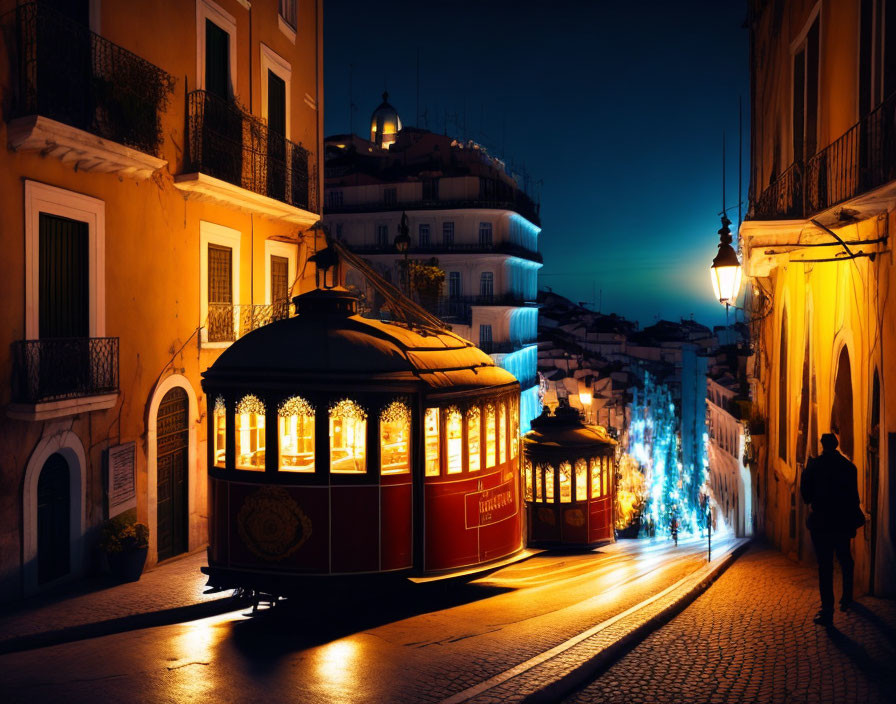 Vintage tram on cobblestone street at night with illuminated buildings