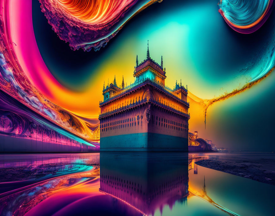 Surreal image of traditional building in colorful nebula landscape