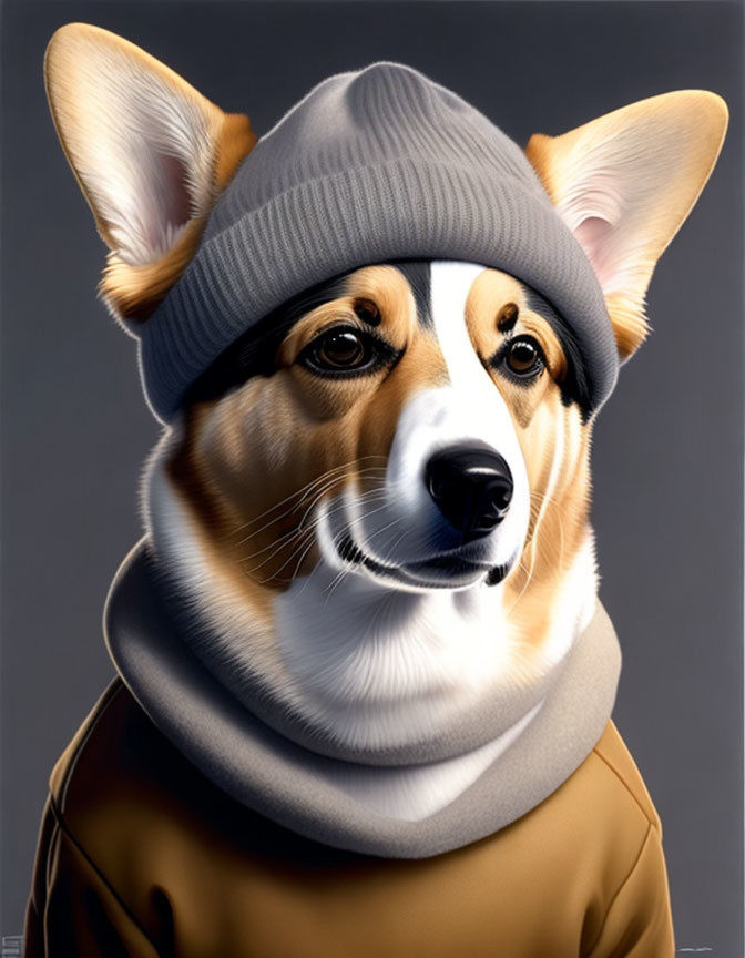 Stylized illustration of Corgi dog in beanie & sweater