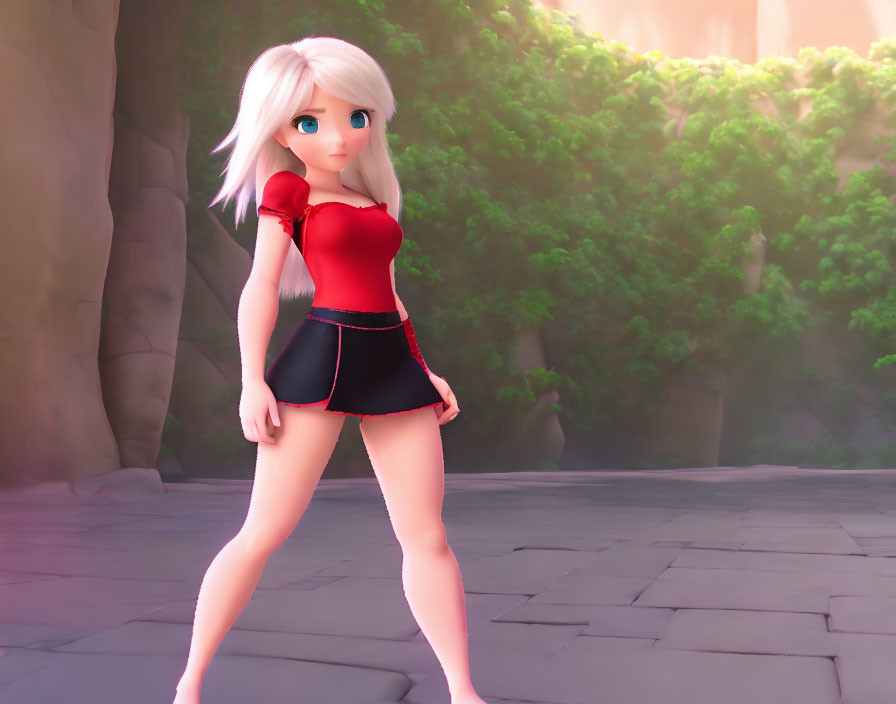 Blonde Female 3D Character in Red Top and Black Shorts in Sunlit Stone-Paved Setting