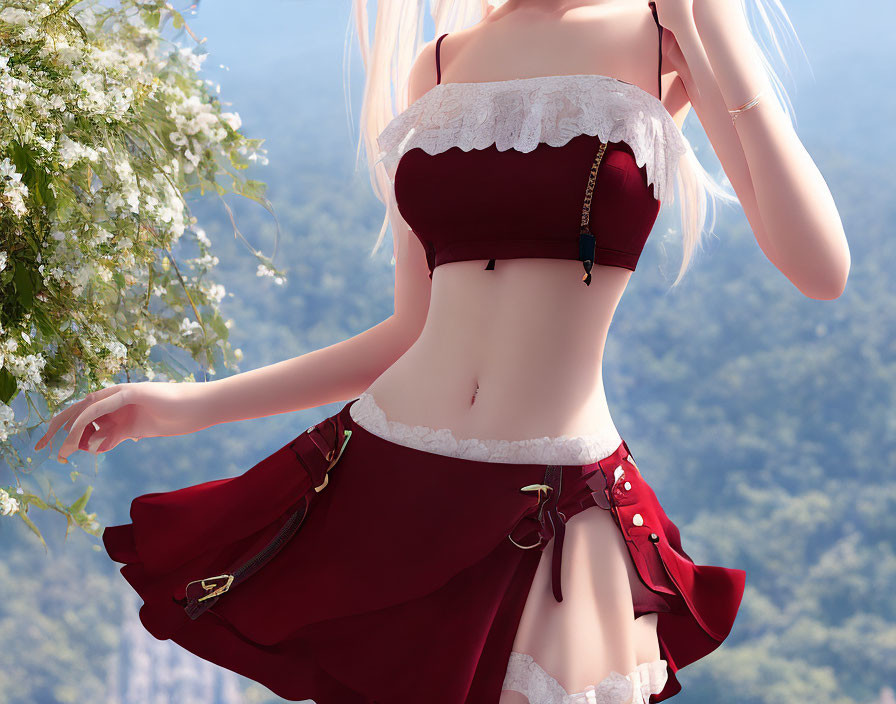 Digital artwork: Female character with blue hair in red and white outfit against nature backdrop