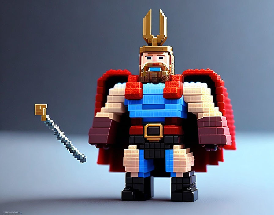 3D voxel character with red cape, blue armor, winged helmet, pixelated hammer