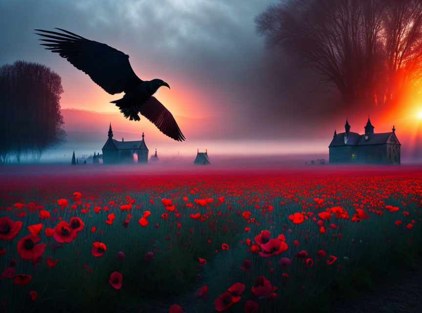 Crow flying over vibrant poppy field at dawn with misty church and fiery sky